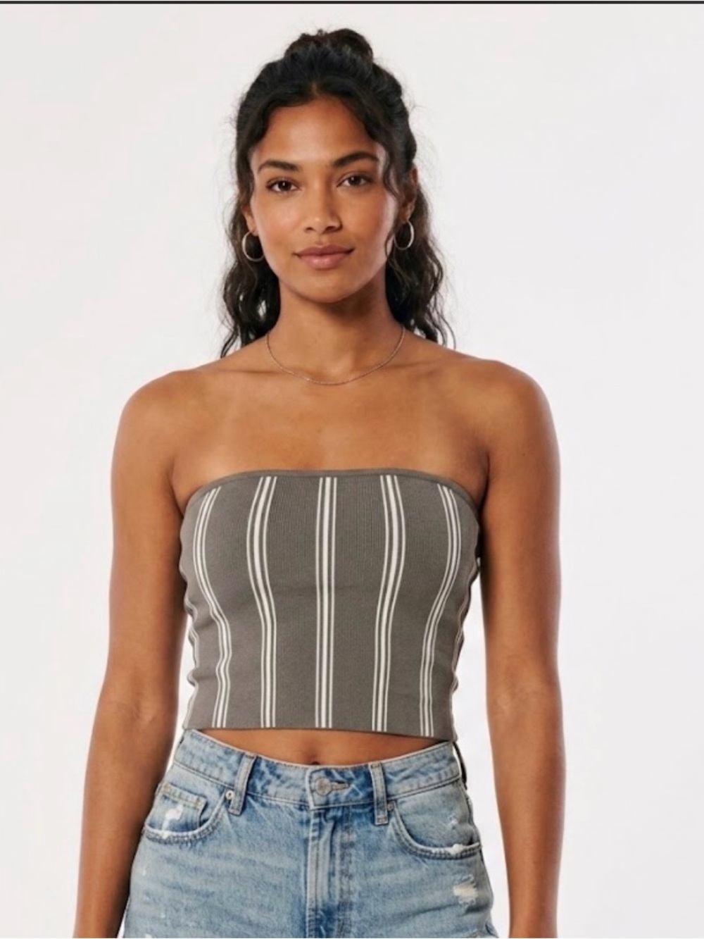 Babaton olive green/Gray Striped Tube Crop top